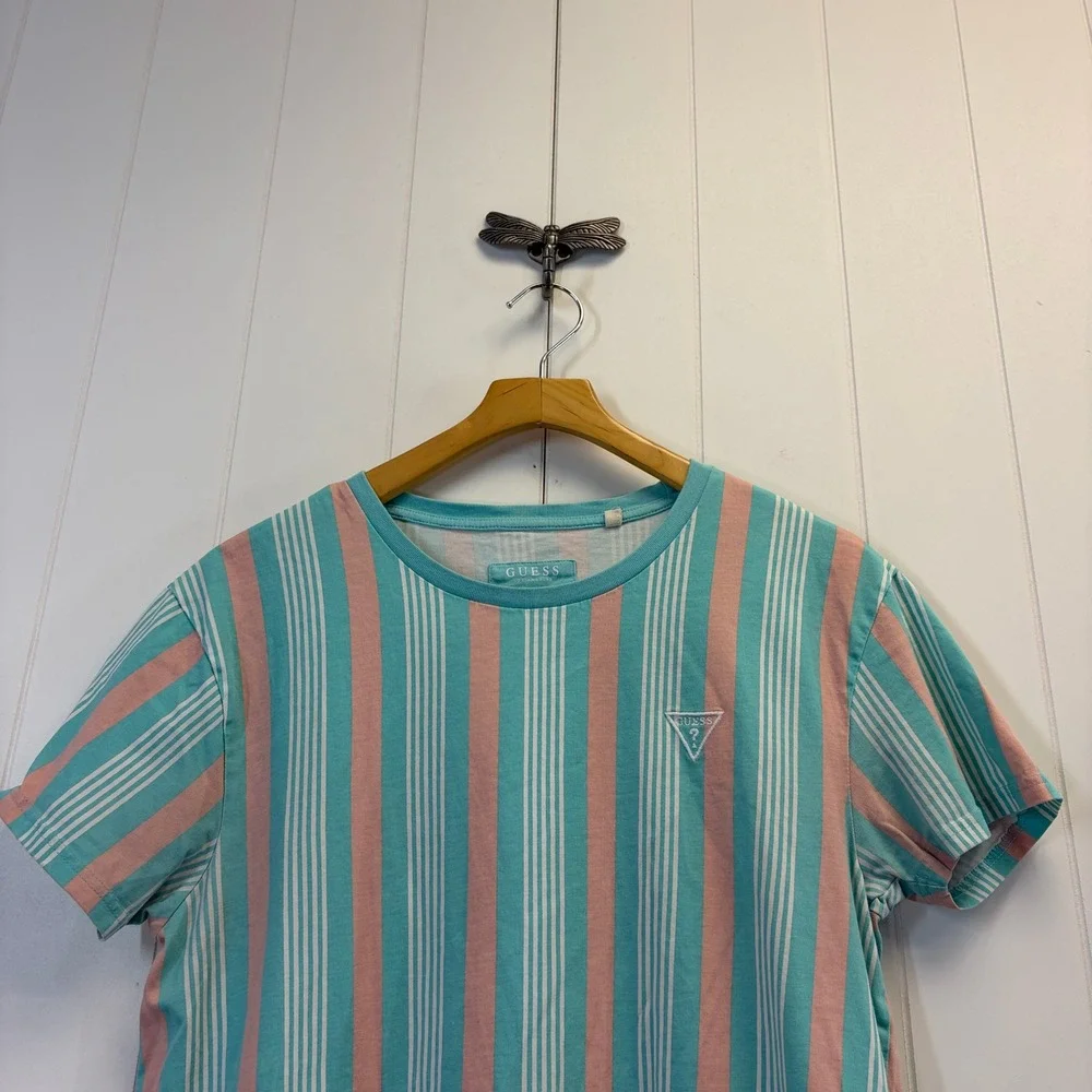 Guess Los Angeles Preppy Logo Striped Tee Men Size M Pastel Summer Beach Classic - Picture 6 of 9